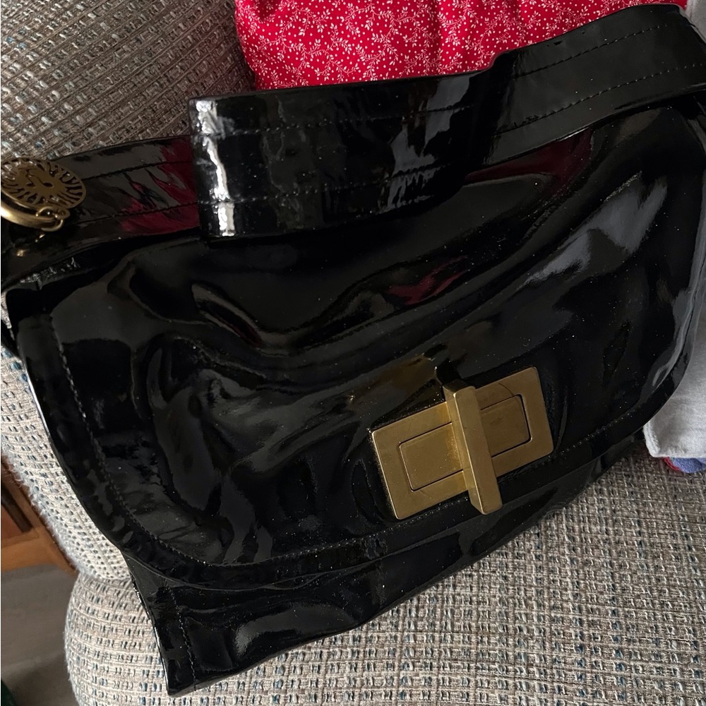 Anne Klein Black Patent Leather purse with brass Accents